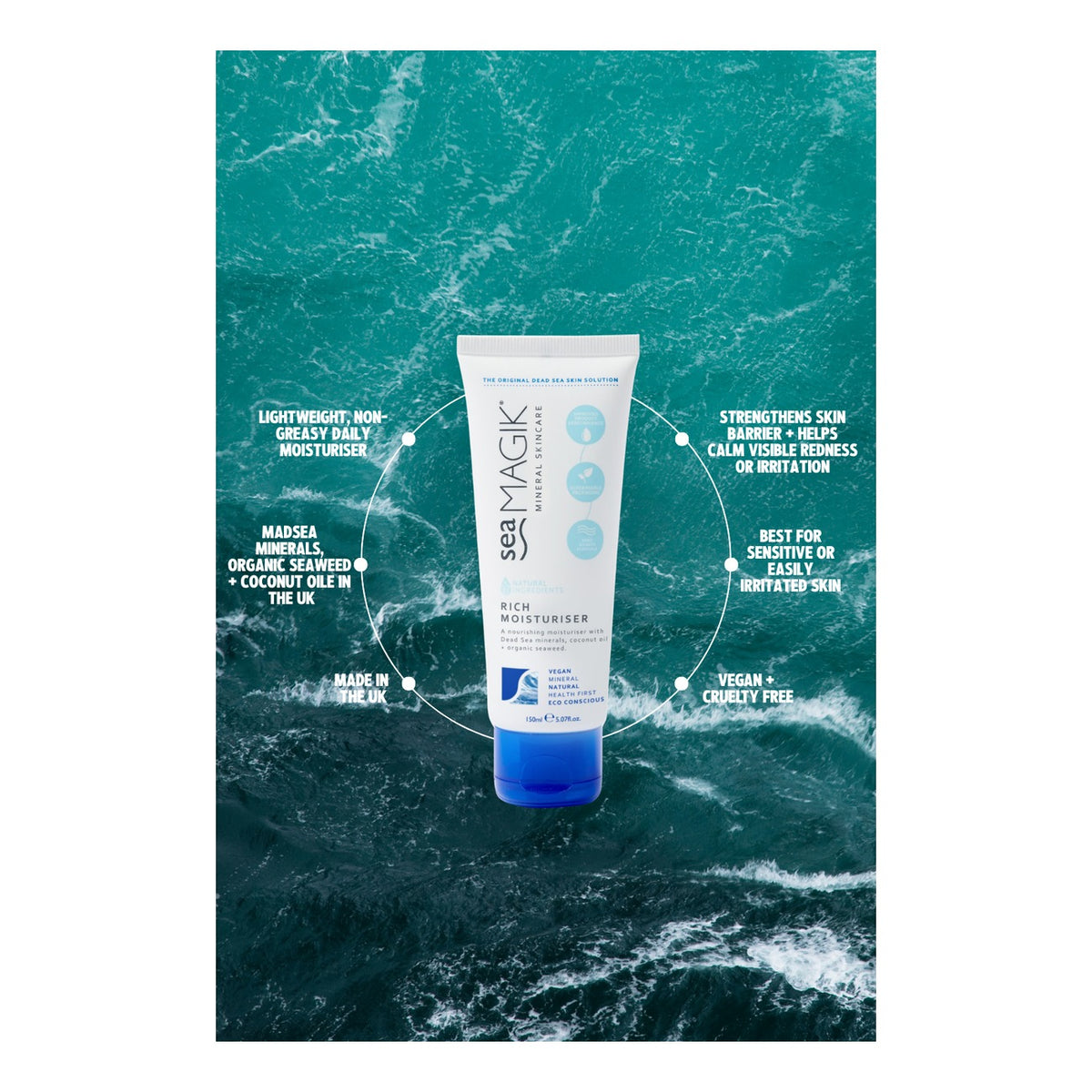 Sea Magik Rich Moisturiser 75ml benefits: Dead Sea minerals, organic seaweed, coconut oil