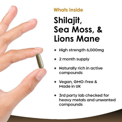 Shilajit Sea Moss & Lions Mane 6000mg Vegan 120 Capsules - New Leaf Products - Herbal Supplements - Eco Natural Products
