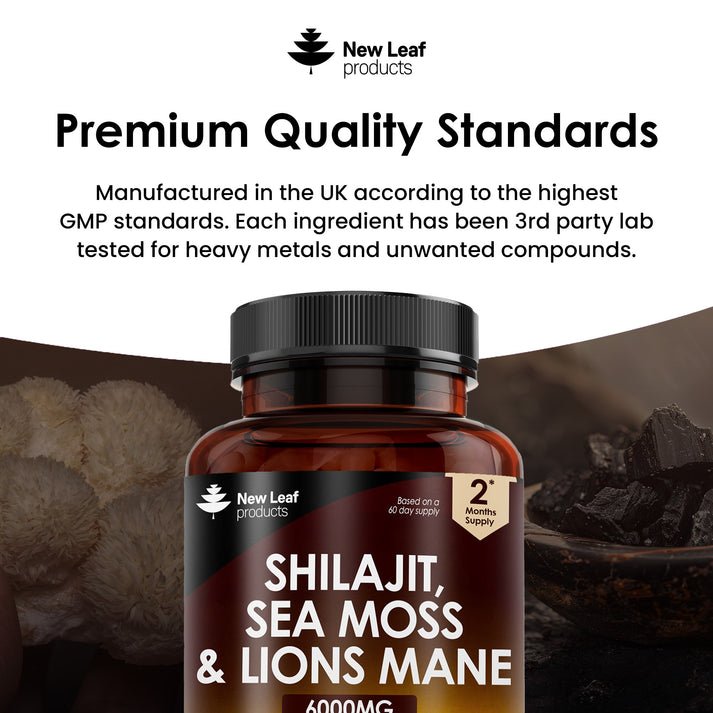 Shilajit Sea Moss & Lions Mane 6000mg Vegan 120 Capsules - New Leaf Products - Herbal Supplements - Eco Natural Products