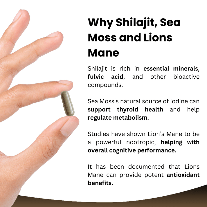 Shilajit Sea Moss & Lions Mane 6000mg Vegan 120 Capsules - New Leaf Products - Herbal Supplements - Eco Natural Products