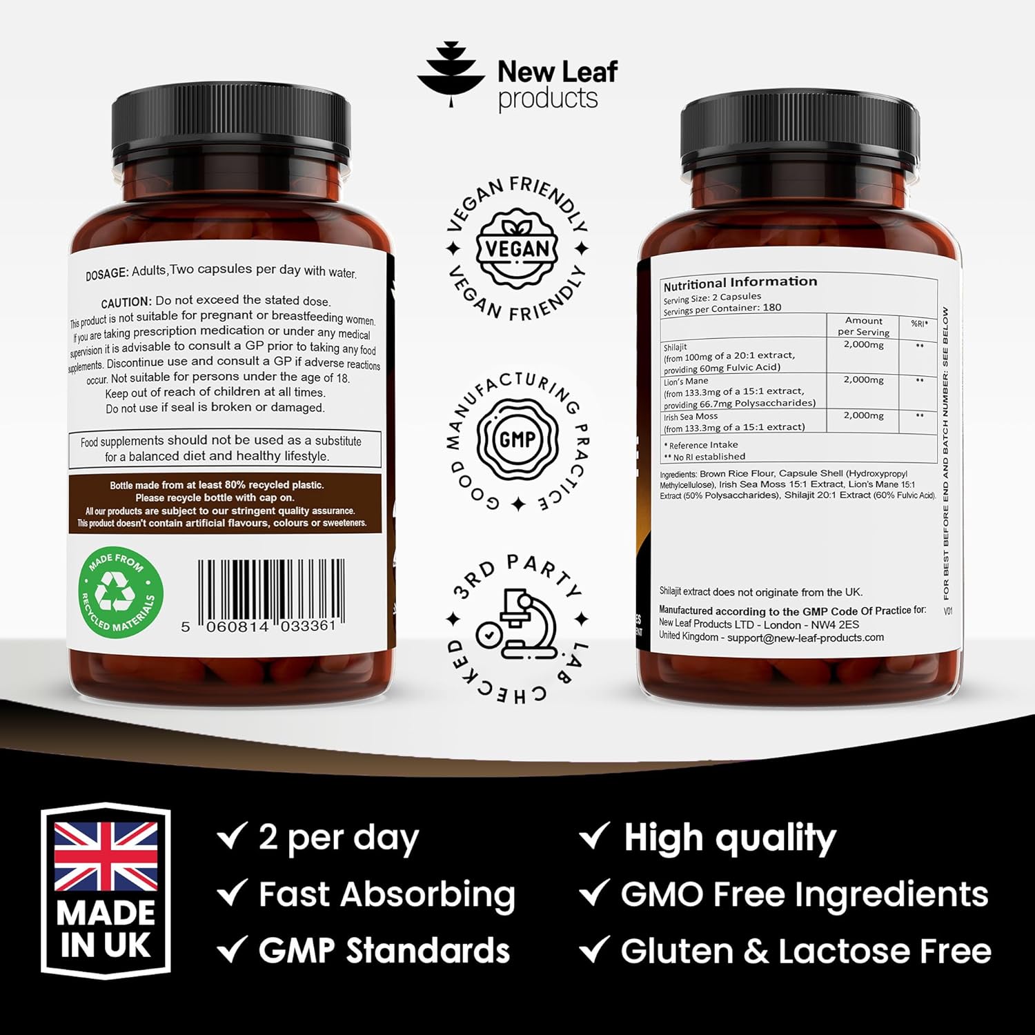Shilajit Sea Moss & Lions Mane 6000mg Vegan 120 Capsules - New Leaf Products - Herbal Supplements - Eco Natural Products