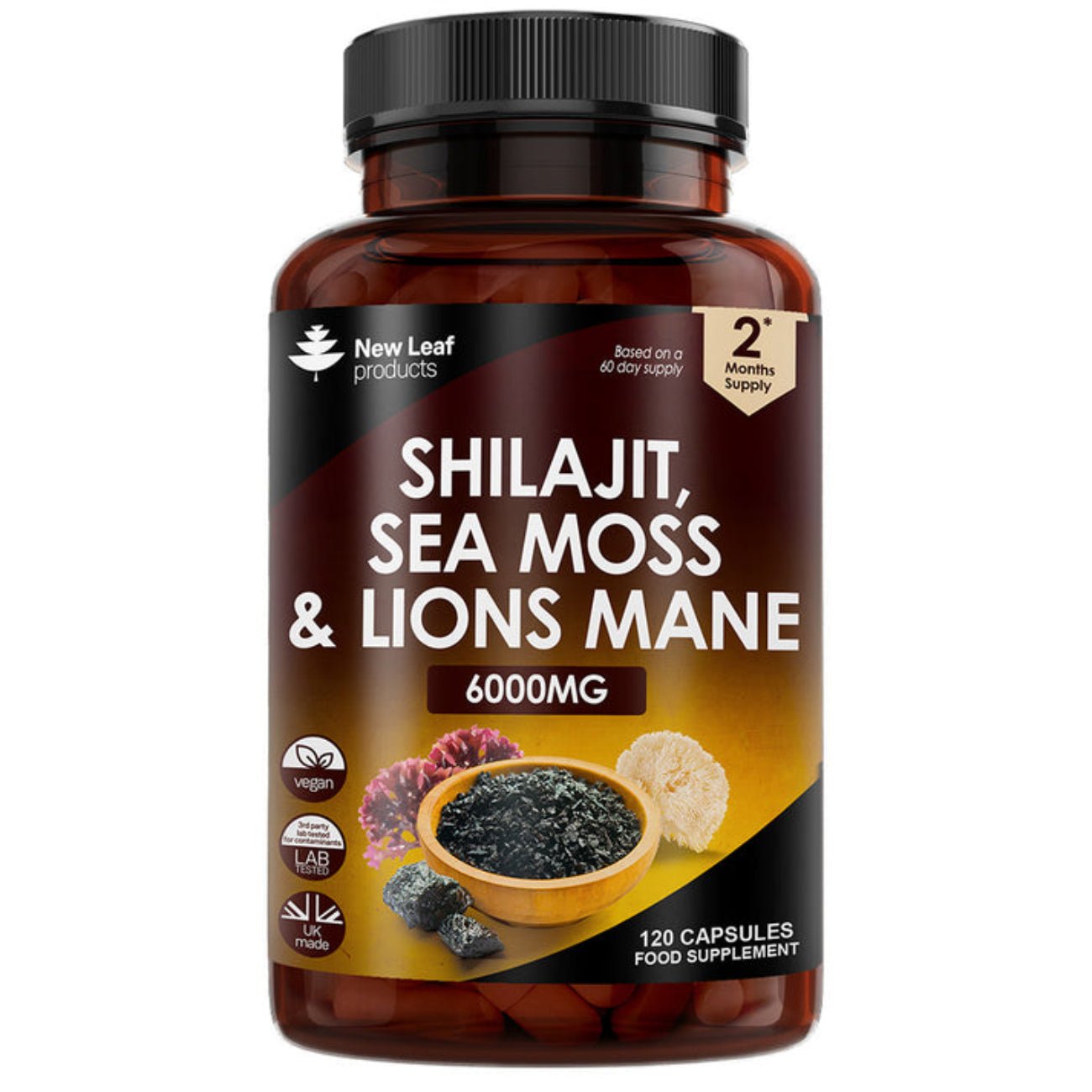 Shilajit Sea Moss & Lions Mane 6000mg Vegan 120 Capsules - New Leaf Products - Herbal Supplements - Eco Natural Products