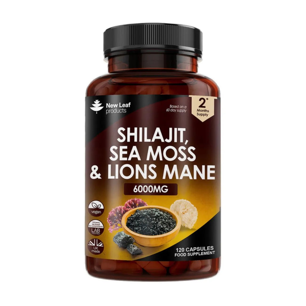 Shilajit Sea Moss & Lions Mane 6000mg Vegan 120 Capsules - New Leaf Products - Herbal Supplements - New Leaf Products