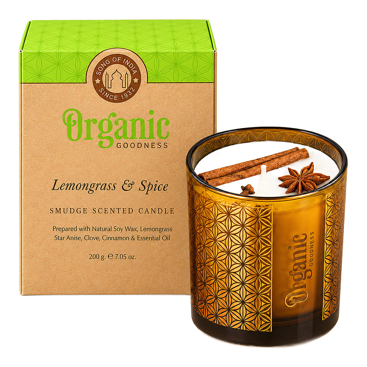 Song of India Organic Goodness Smudge Scented Candle Lemongrass & Spice 200g front of pack