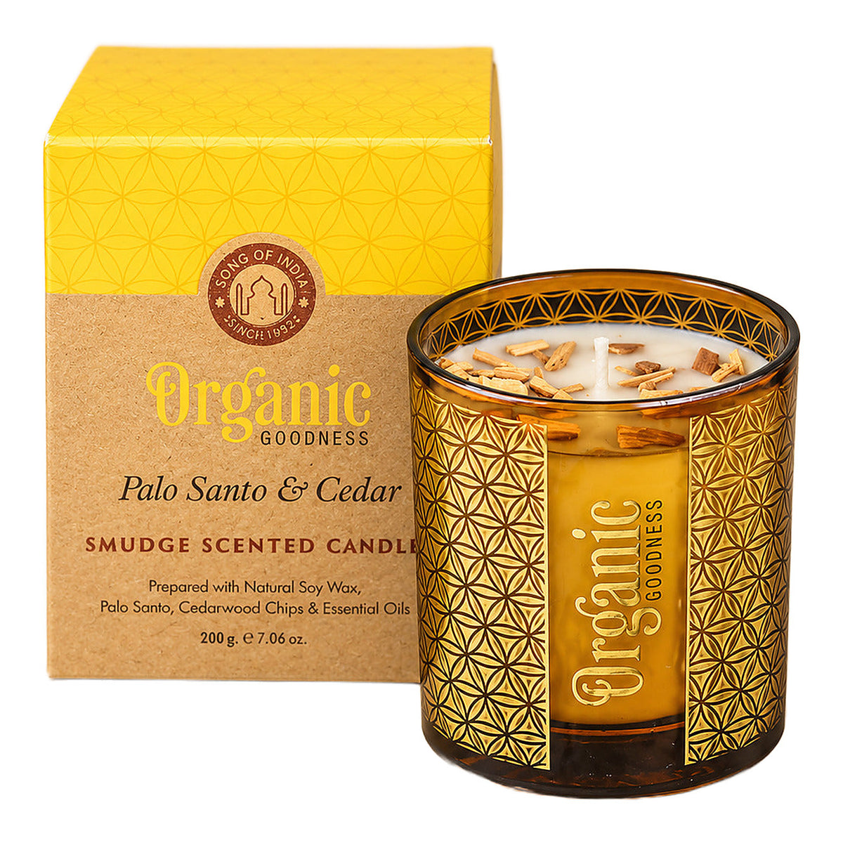 Song of India Organic Goodness Smudge Scented Candle Palo Santo & Cedar 200g front of pack