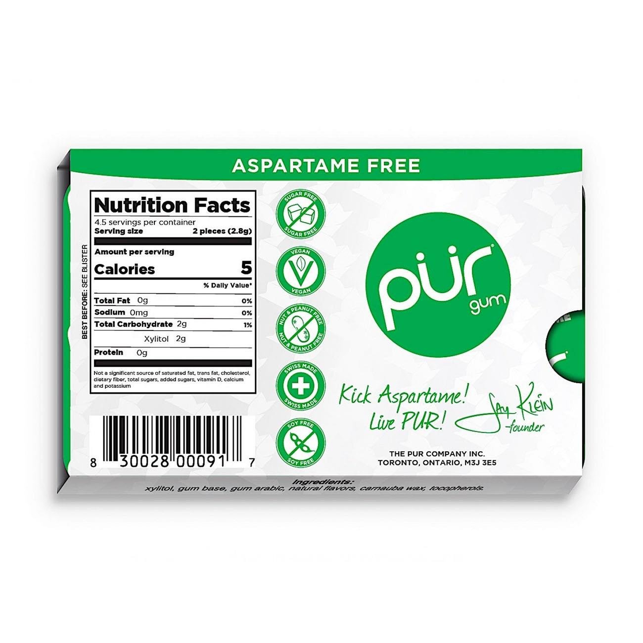 Spearmint Gum Blister Pack 9 Pieces - Pur - Chewing Gum - Pur