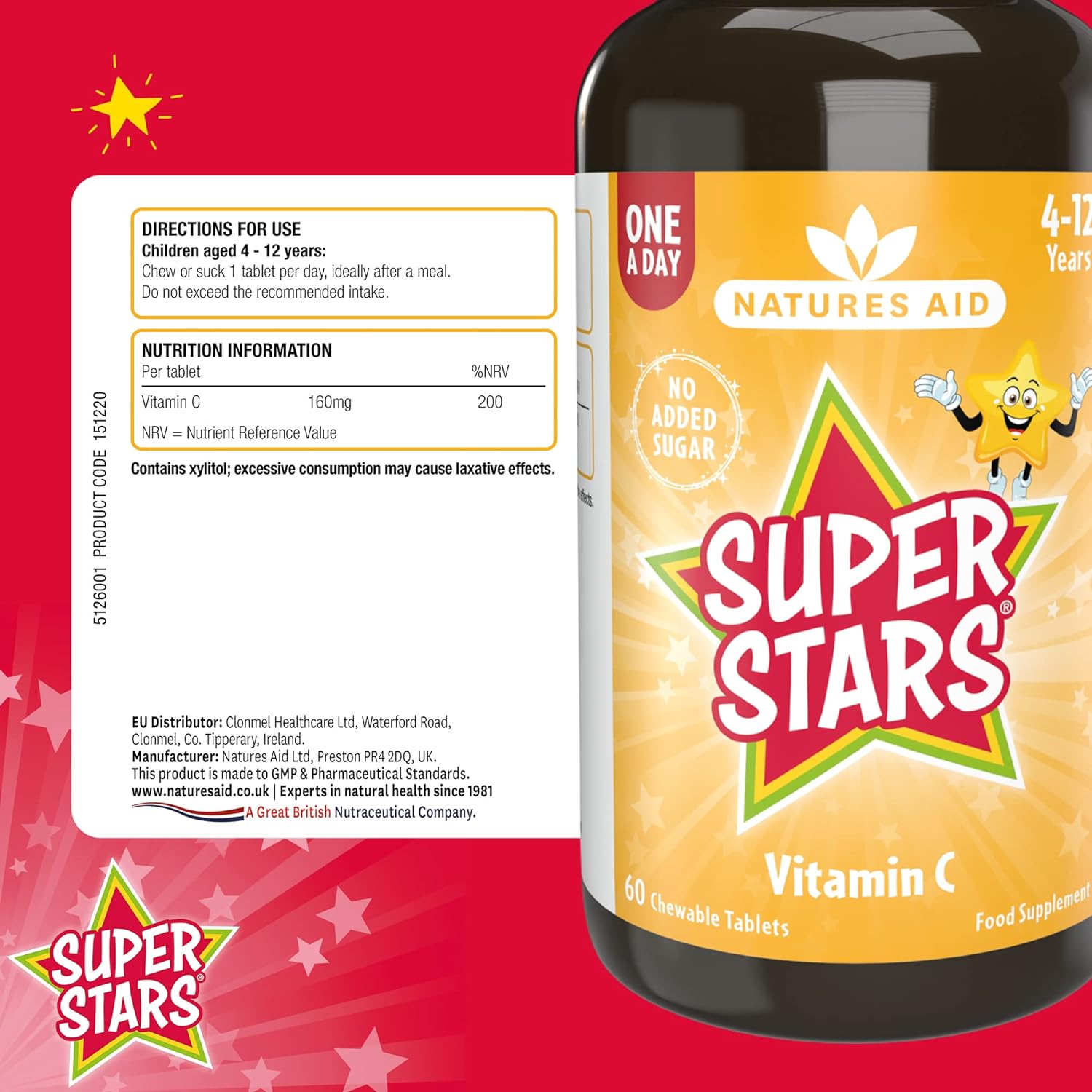 Super Stars Vitamin C 60 Chewable Tablets - Natures Aid - Food Supplements - Eco Natural Products