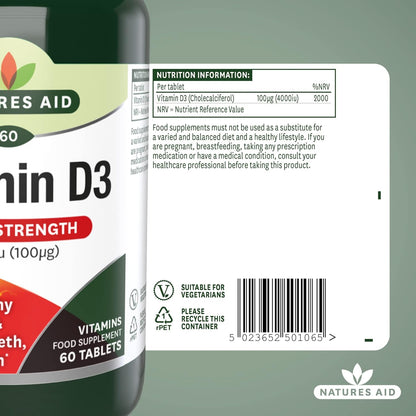 Super Strength Vitamin D3 4000iu 60 Tablets - Natures Aid - Food supplement - Eco Natural Products