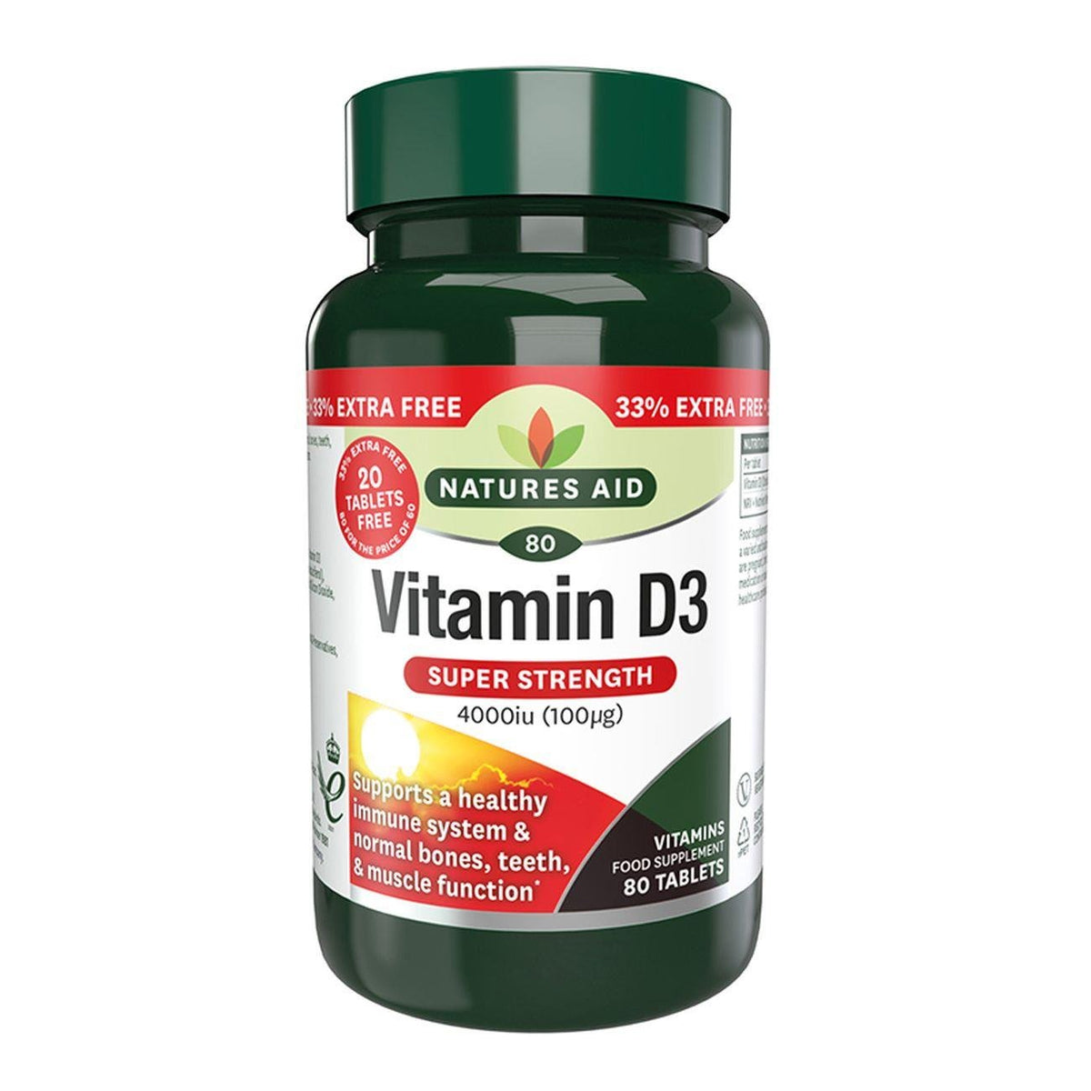 Super Strength Vitamin D3 4000iu 80 Tablets - Natures Aid - Food supplement - Natures Aid