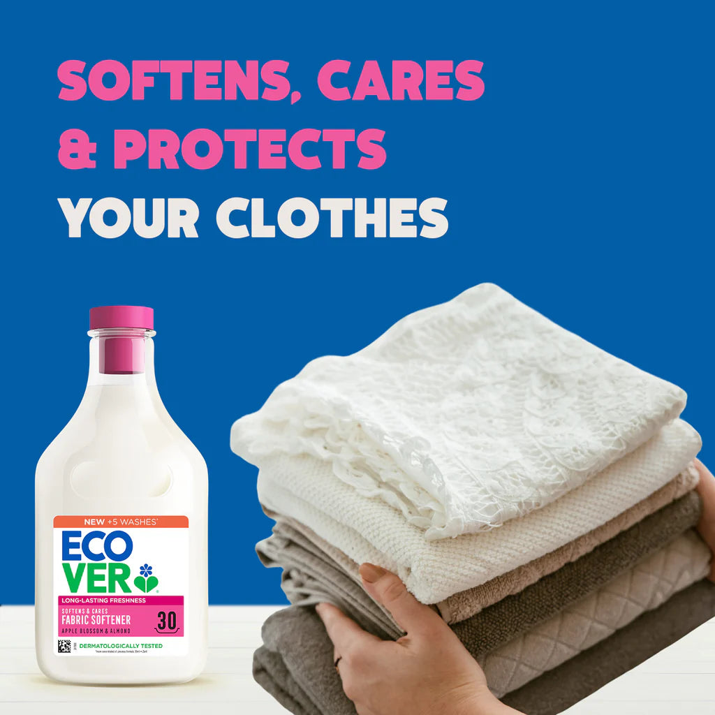 Ecover Apple Blossom & Almond Fabric Softener 30 Washes 750ml softens, cares, and protects clothes