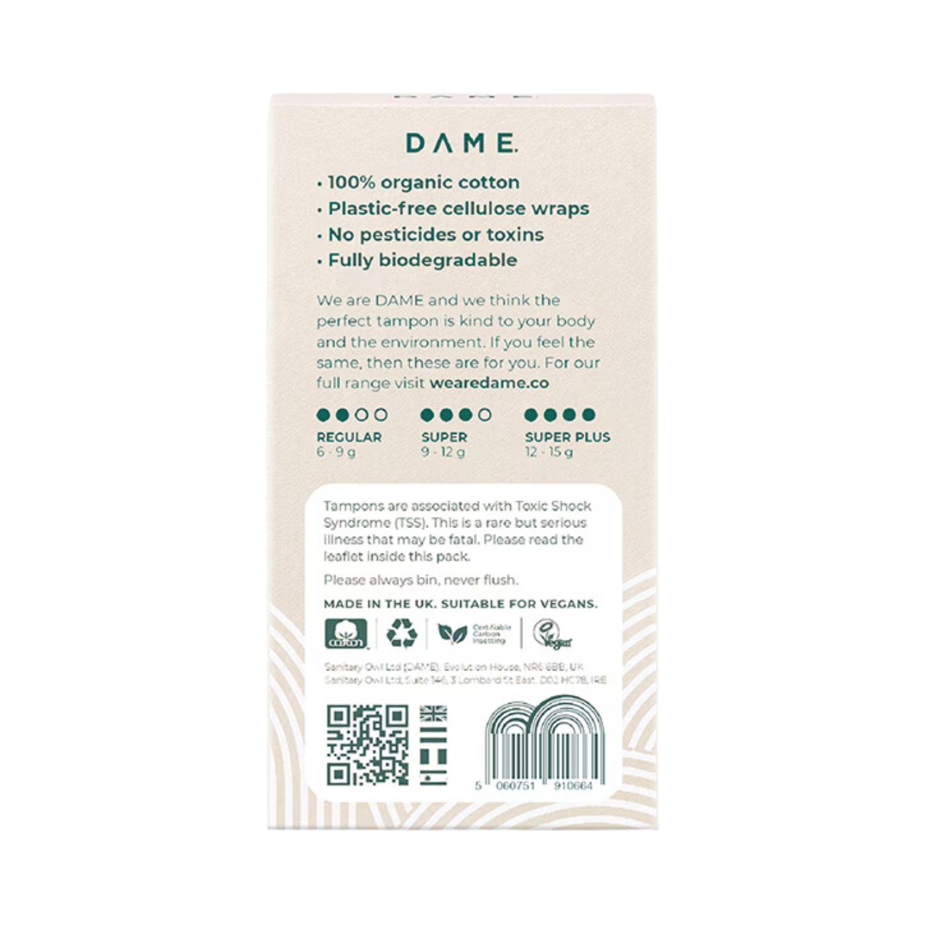 Tampons Organic Cotton 16 Pack - Dame - Feminine Sanitary Supplies - Eco Natural Products