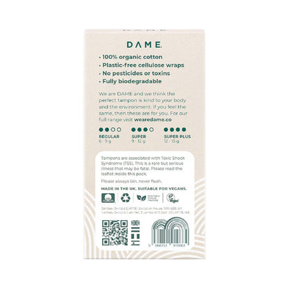 Tampons Organic Cotton 16 Pack - Dame - Feminine Sanitary Supplies - Eco Natural Products