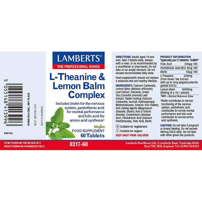 Theanine & Lemon Balm Complex 60 Tablets - Lamberts - Food Supplement - Eco Natural Products