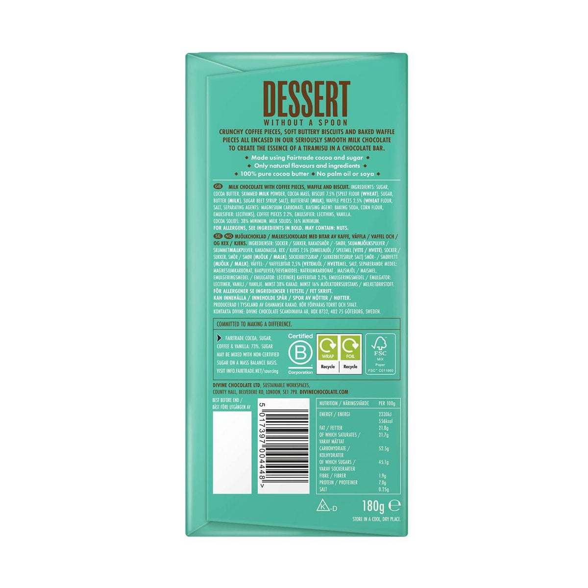 Tiramisu Coffee and Biscuit Milk Chocolate Bar 180g - Divine Chocolate - Chocolate - Eco Natural Products