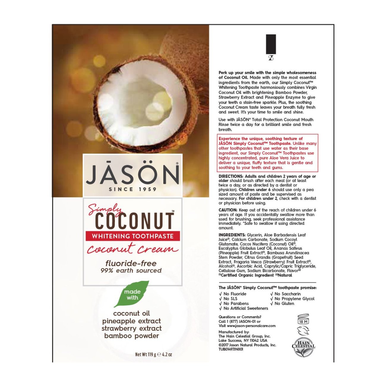Toothpaste Coconut Cream Whitening 119g - Jason - Toothpaste - Eco Natural Products