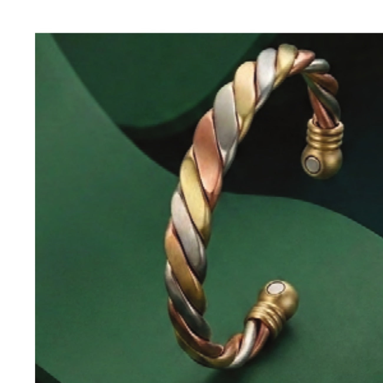 Tri-Colour Torque Copper Bangle with Magnets - twisted copper, silver and gold cuff bracelet - Power Health