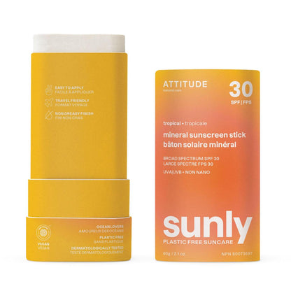 Attitude Sunly Tropical SPF 30 Mineral Sunscreen Stick in opened biodegradable packaging