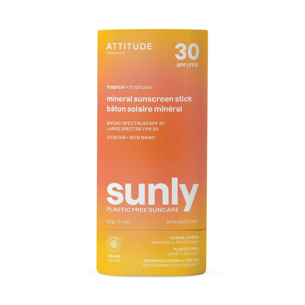 Attitude Sunly Tropical SPF 30 Mineral Sunscreen Stick in biodegradable packaging