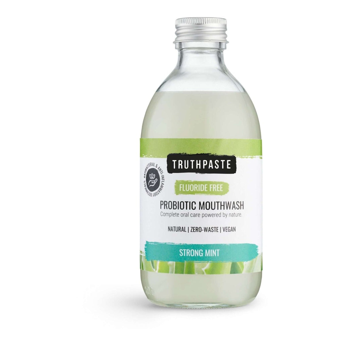 Truthpaste Probiotic Mouthwash Strong Mint Fluoride Free 300ml front of pack