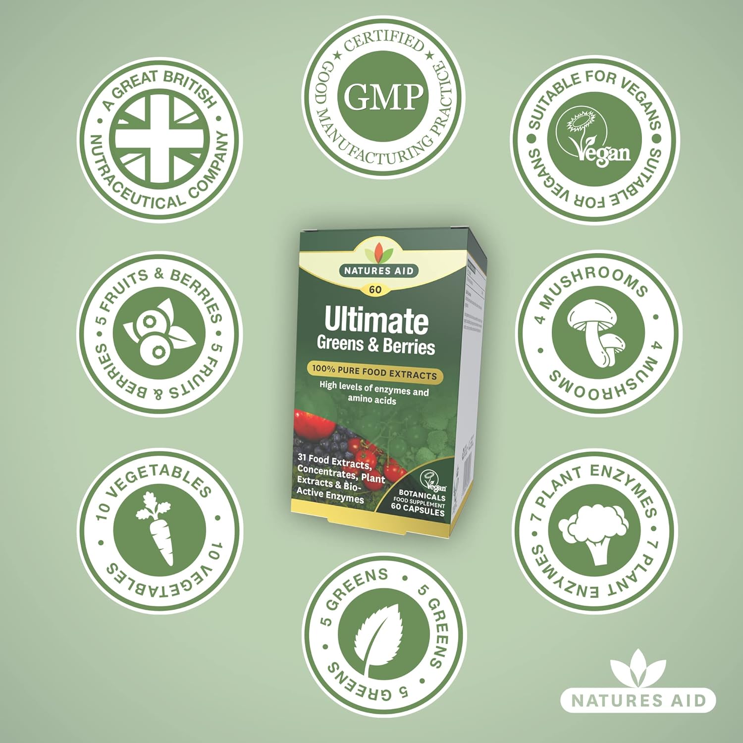 Ultimate Greens & Berries 60 Capsules - Natures Aid - Vitamins & Supplements - Eco Natural Products