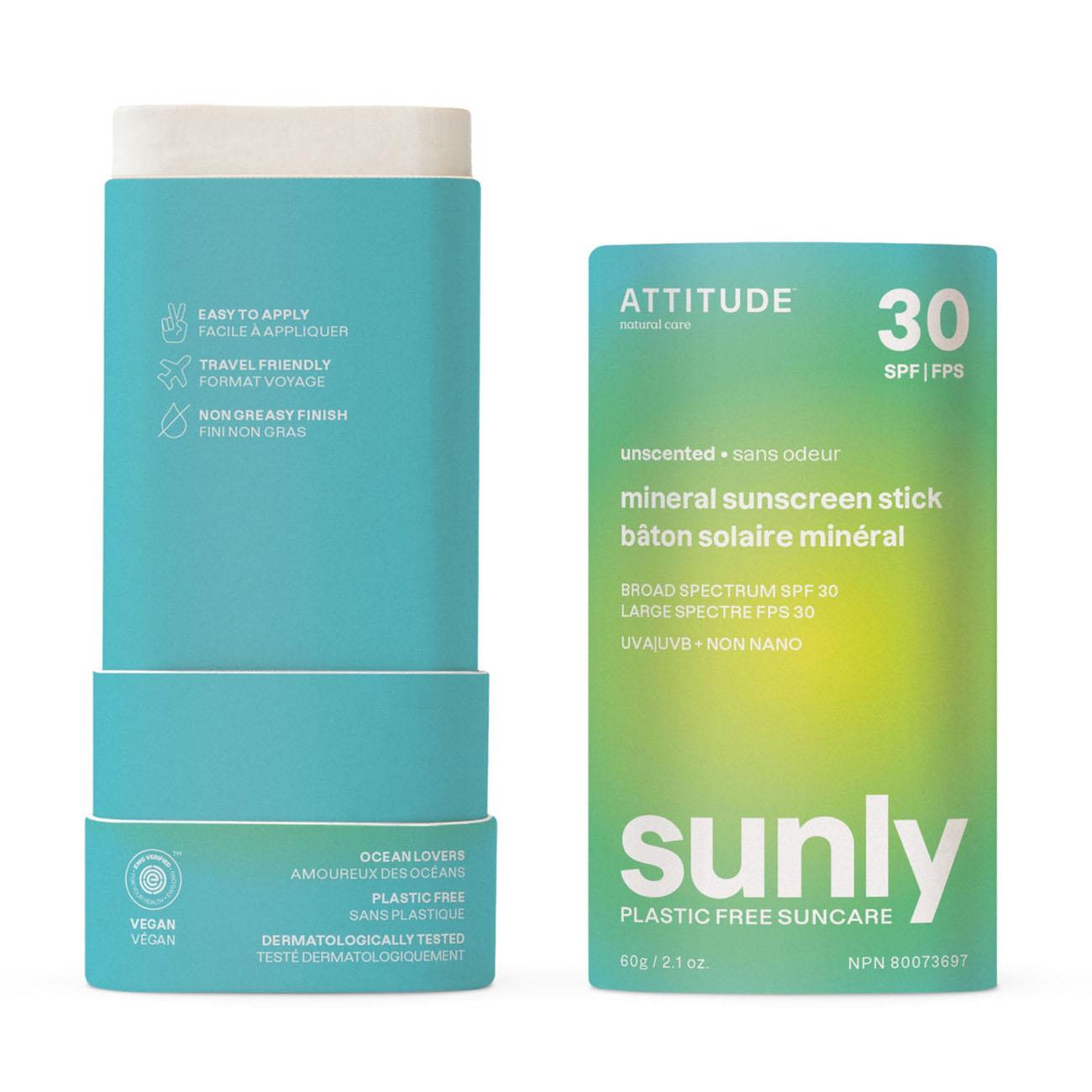 Attitude Sunly Unscented SPF 30 Sunscreen Stick opened in biodegradable packaging