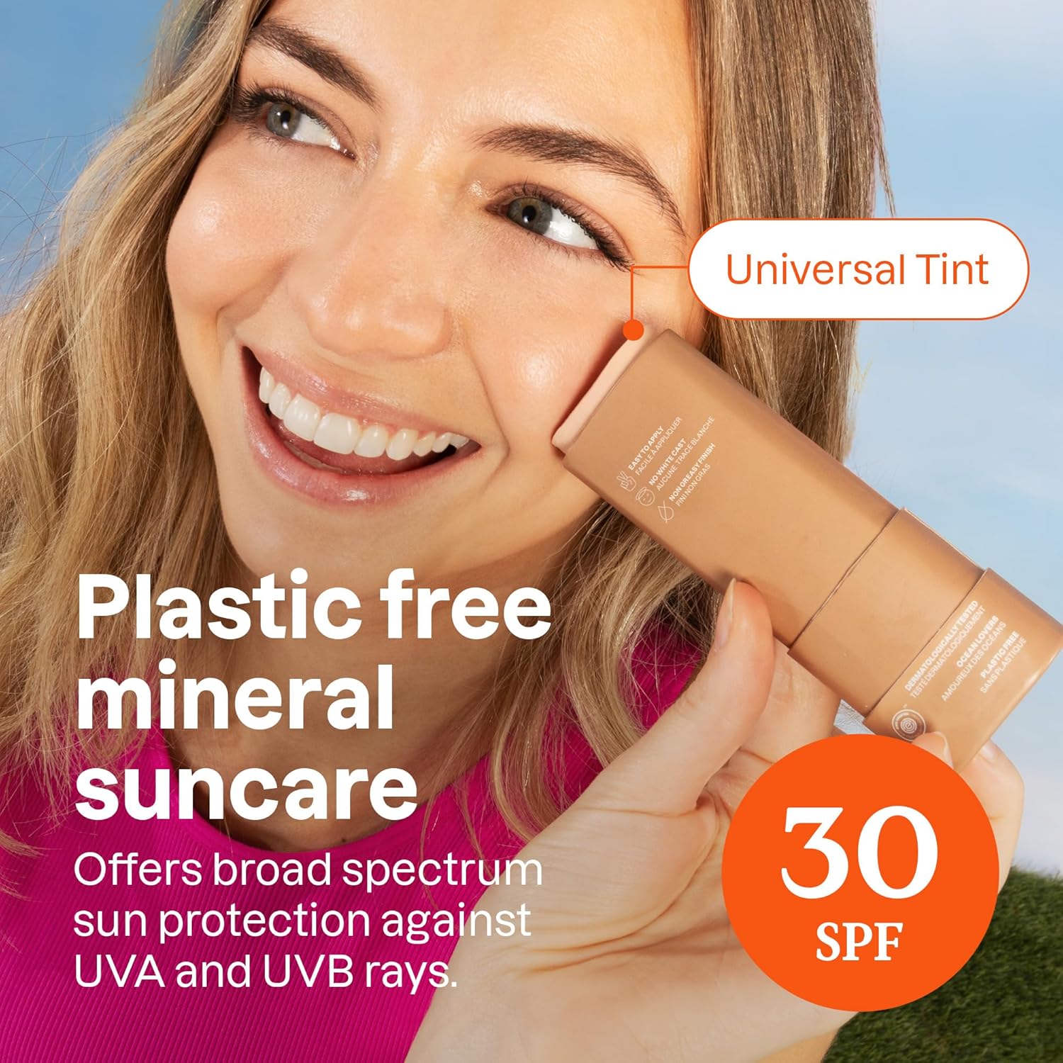 Attitude Sunly Unscented Tinted Mineral Sunscreen Face Stick SPF 30 showing that it offers broad spectrum sun protection against UVA and UVB rays