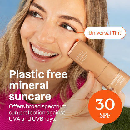 Attitude Sunly Unscented Tinted Mineral Sunscreen Face Stick SPF 30 showing that it offers broad spectrum sun protection against UVA and UVB rays