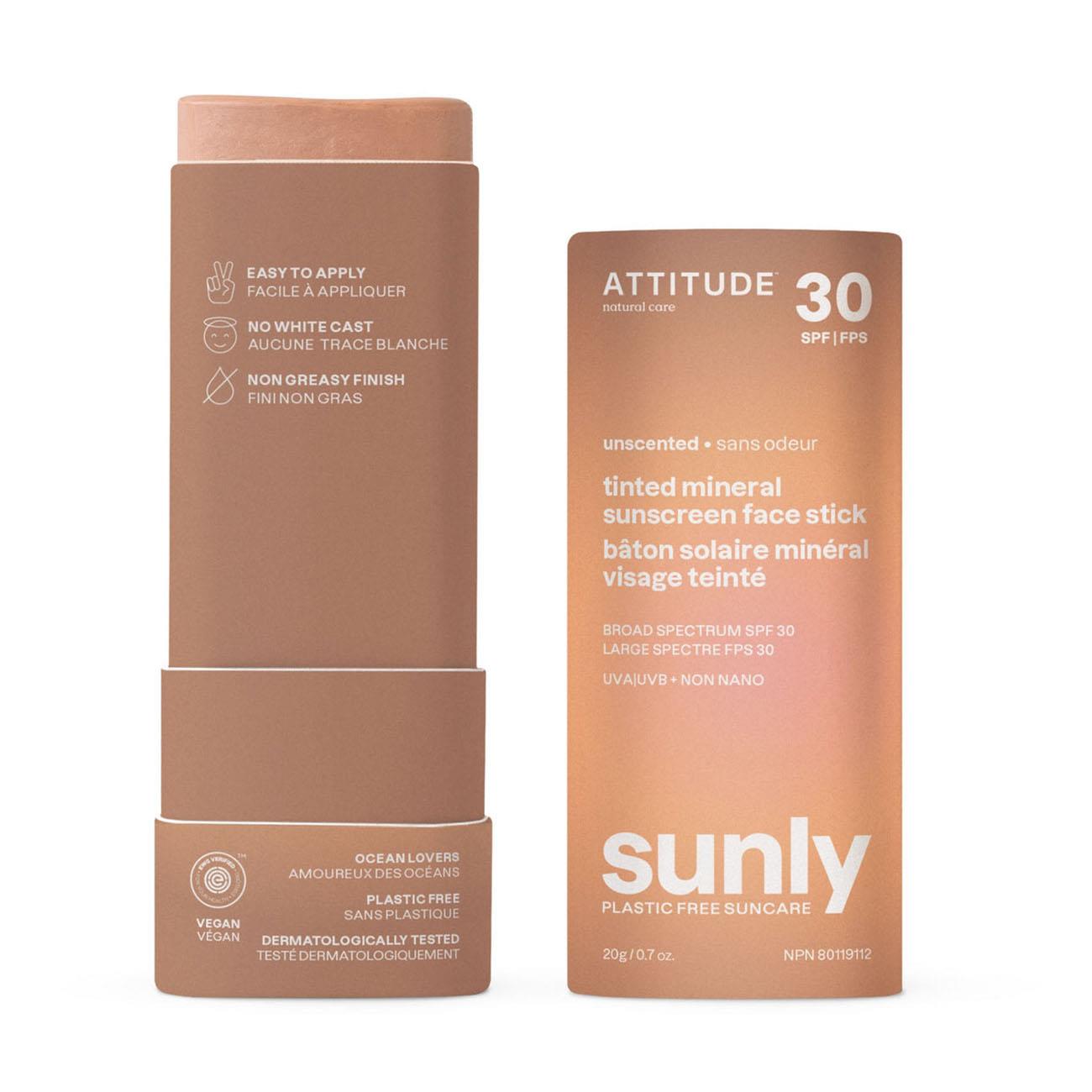 Attitude Sunly Unscented Tinted Mineral Sunscreen Face Stick SPF 30 in opened biodegradable packaging 