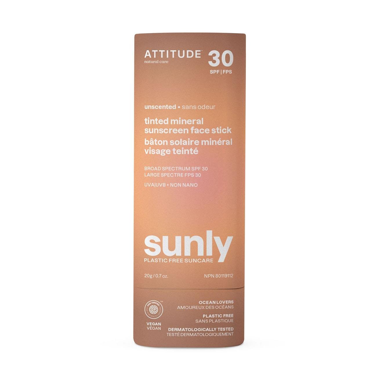 Attitude Sunly Unscented Tinted Mineral Sunscreen Face Stick SPF 30 in biodegradable packaging 
