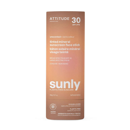 Attitude Sunly Unscented Tinted Mineral Sunscreen Face Stick SPF 30 in biodegradable packaging 