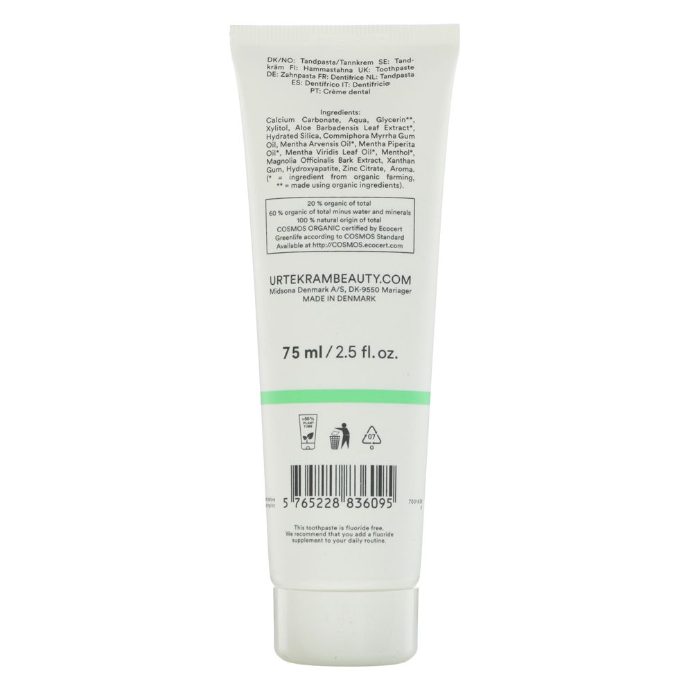 Urtekram Fresh Mint Whitening Toothpaste 75ml back packaging