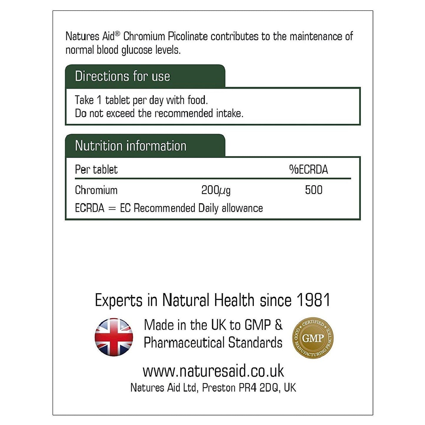 Vegan Chromium Picolinate Tablets 200ug 90 Tablets Exp 12.2025 - Natures Aid - Natures Aid