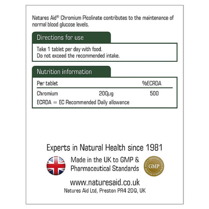 Vegan Chromium Picolinate Tablets 200ug 90 Tablets Exp 12.2025 - Natures Aid - Natures Aid