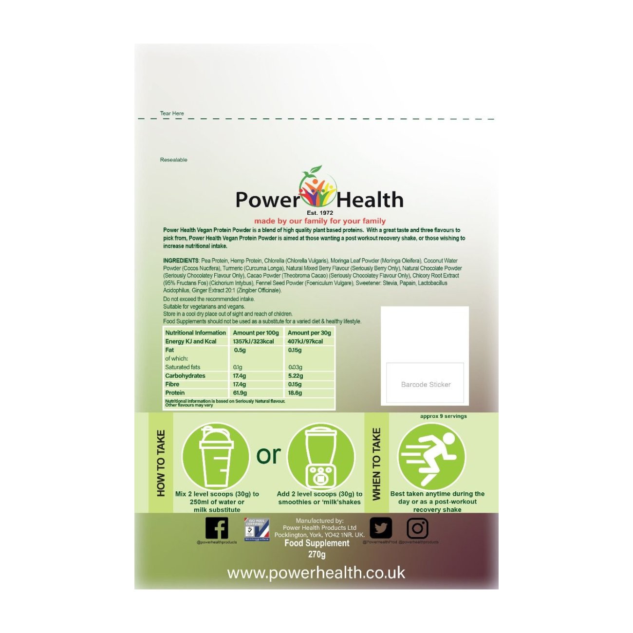 Vegan Protein Powder Seriously Natural Flavour 270g [BLACK FRIDAY] - Eco Natural Products - Power Health - Food Supplement