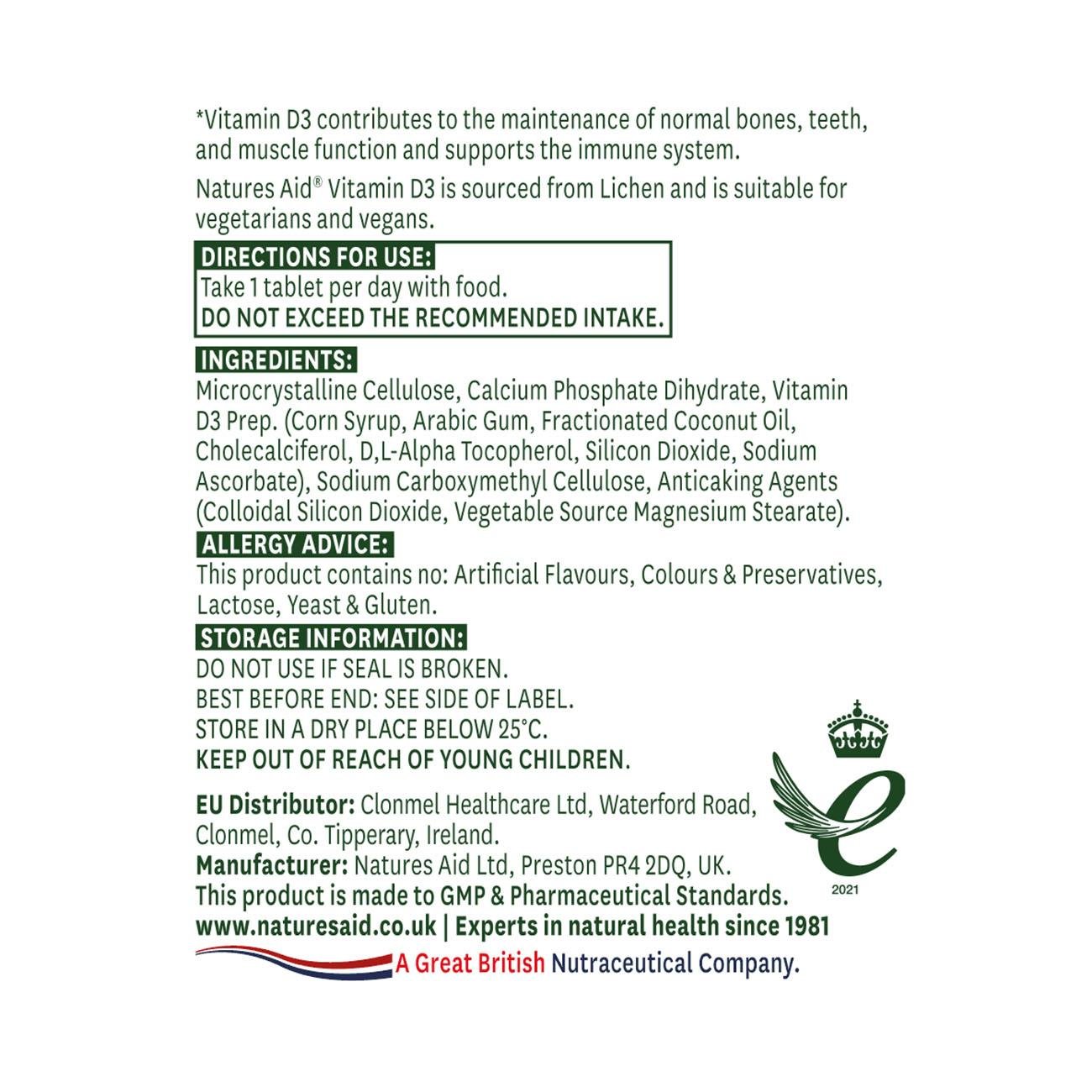 Vegan Vitamin D3 High Strenchth 1000iu (25ug) 60 Tablets - Natures Aid - Vitamins & Supplements - Eco Natural Products