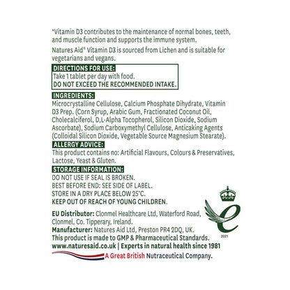 Vegan Vitamin D3 High Strenchth 1000iu (25ug) 60 Tablets - Natures Aid - Vitamins & Supplements - Eco Natural Products