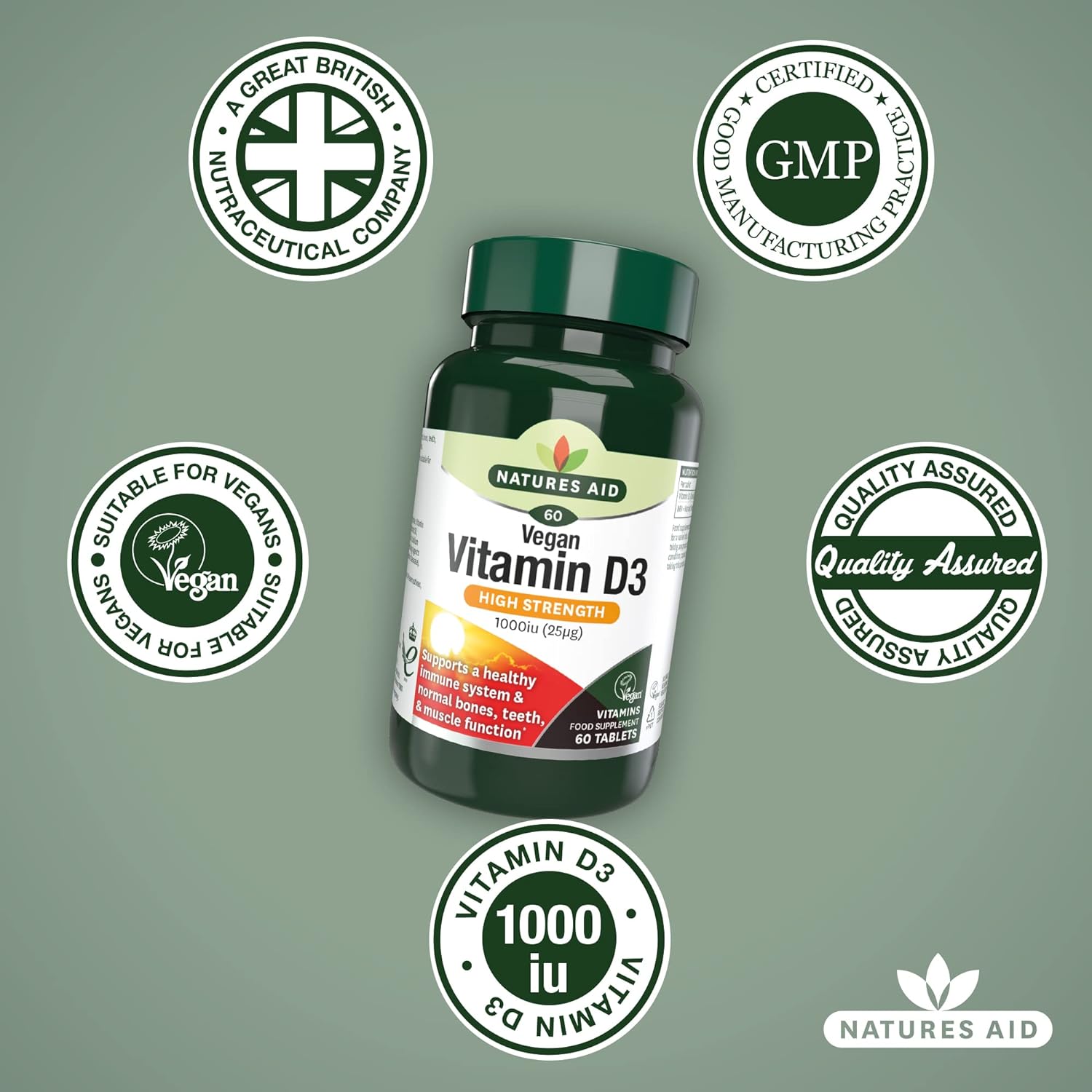 Vegan Vitamin D3 High Strenchth 1000iu (25ug) 60 Tablets - Natures Aid - Vitamins & Supplements - Eco Natural Products