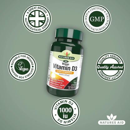 Vegan Vitamin D3 High Strenchth 1000iu (25ug) 60 Tablets - Natures Aid - Vitamins & Supplements - Eco Natural Products