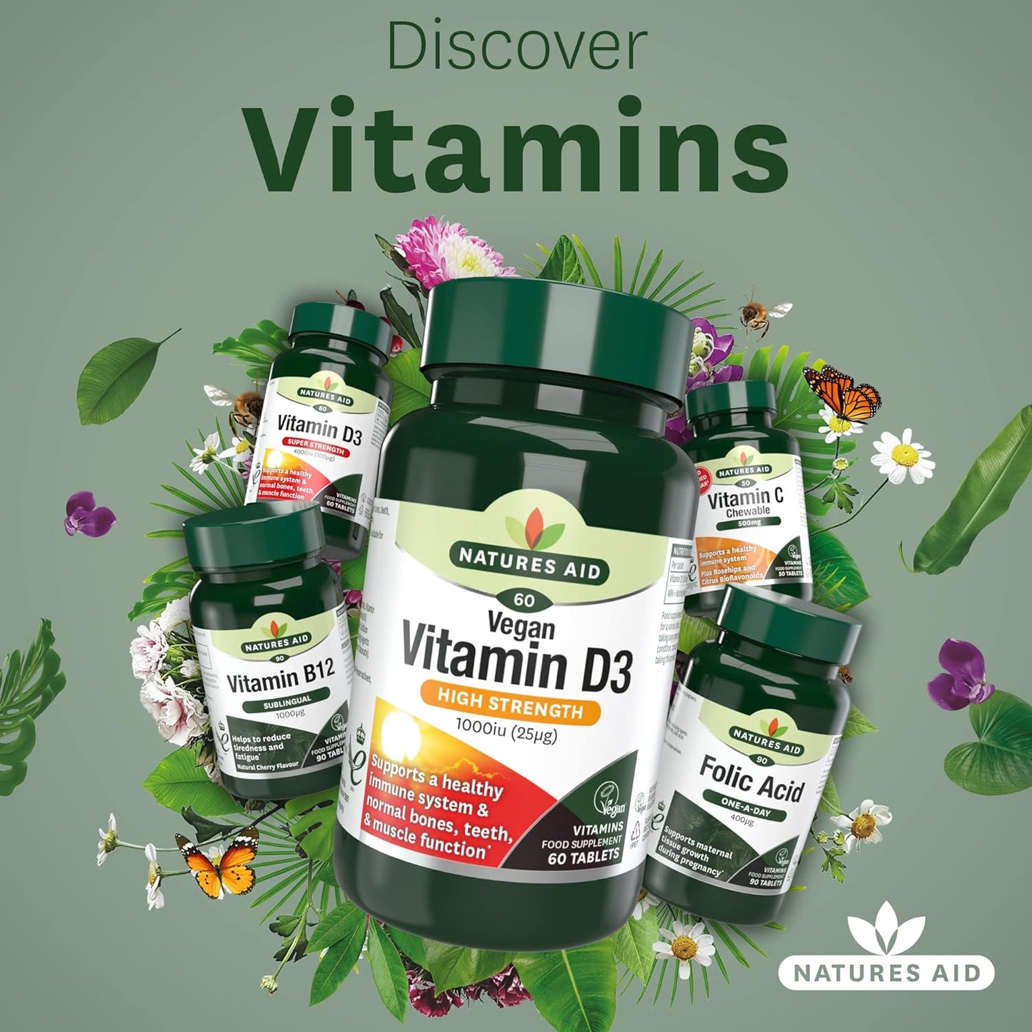 Vegan Vitamin D3 High Strenchth 1000iu (25ug) 60 Tablets - Natures Aid - Vitamins & Supplements - Eco Natural Products