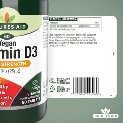 Vegan Vitamin D3 High Strenchth 1000iu (25ug) 60 Tablets - Natures Aid - Vitamins & Supplements - Eco Natural Products
