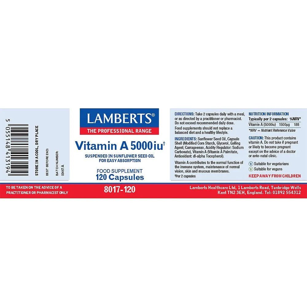 Vitamin A 5000iu 120 Caps BBE 30.11.2025 - Lamberts - Single Vitamins - Lamberts