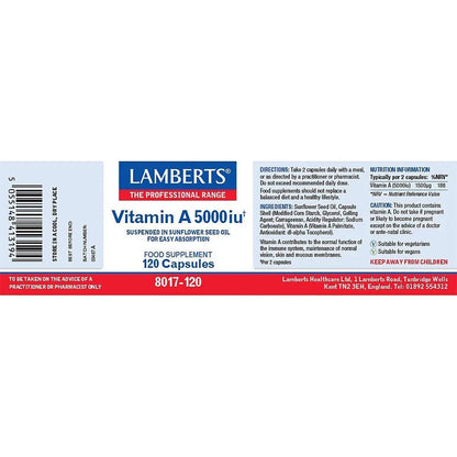 Vitamin A 5000iu 120 Caps BBE 30.11.2025 - Lamberts - Single Vitamins - Lamberts