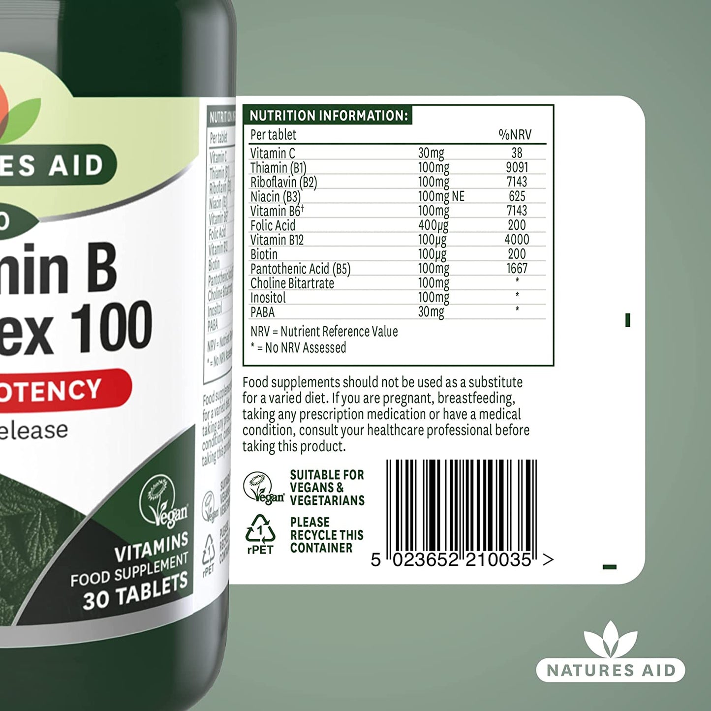 Vitamin B Complex 100 Mega Potency Time Release 30 Tablets - Natures Aid - Vitamins & Supplements - Eco Natural Products