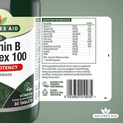 Vitamin B Complex 100 Mega Potency Time Release 30 Tablets - Natures Aid - Vitamins & Supplements - Eco Natural Products
