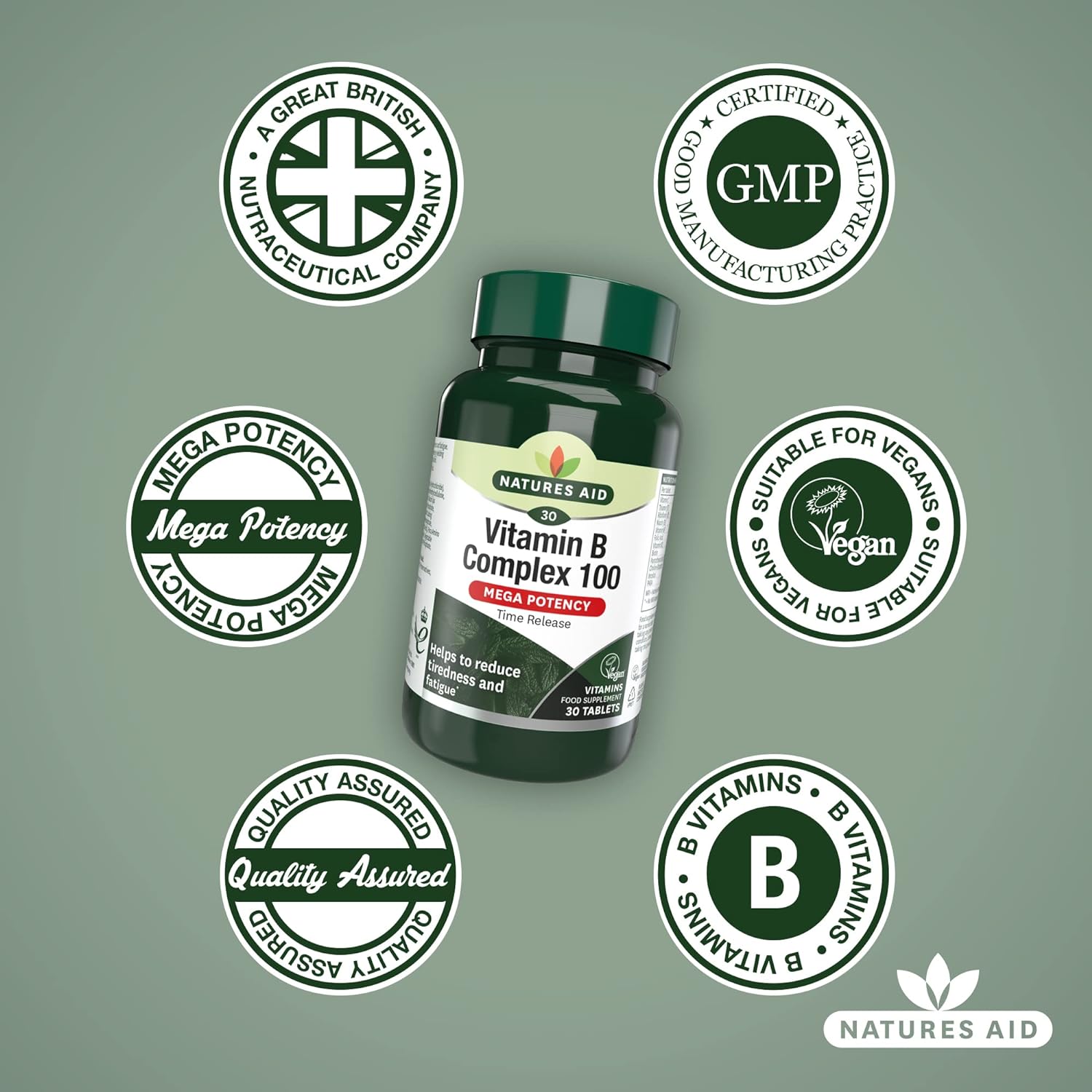 Vitamin B Complex 100 Mega Potency Time Release 30 Tablets - Natures Aid - Vitamins & Supplements - Eco Natural Products