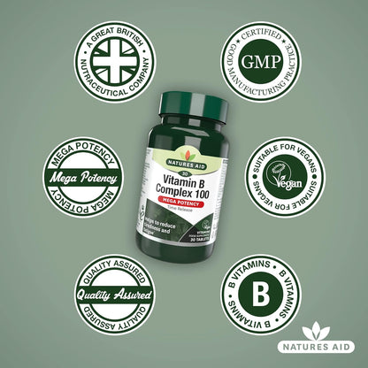 Vitamin B Complex 100 Mega Potency Time Release 30 Tablets - Natures Aid - Vitamins & Supplements - Eco Natural Products