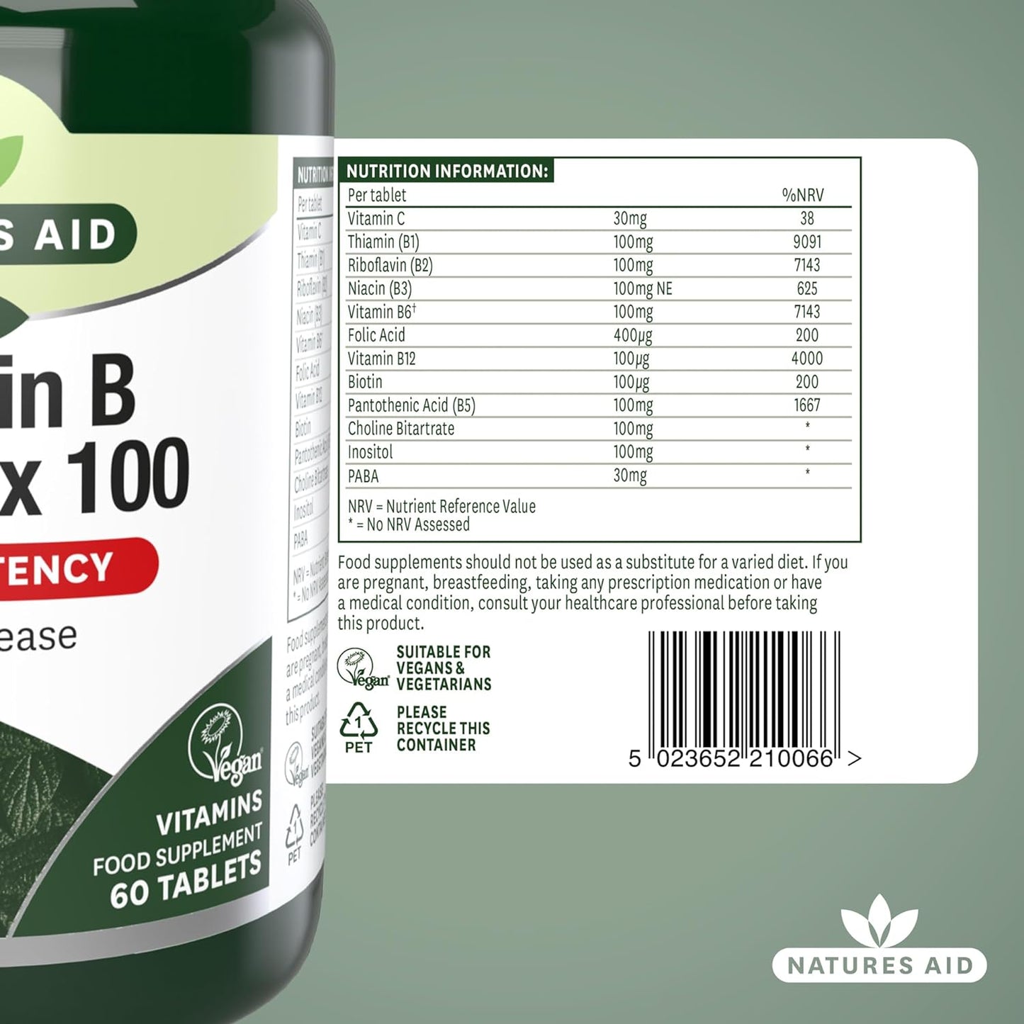 Vitamin B Complex 100 Mega Potency Time Release 60 Tablets - Natures Aid - Vitamins & Supplements - Eco Natural Products