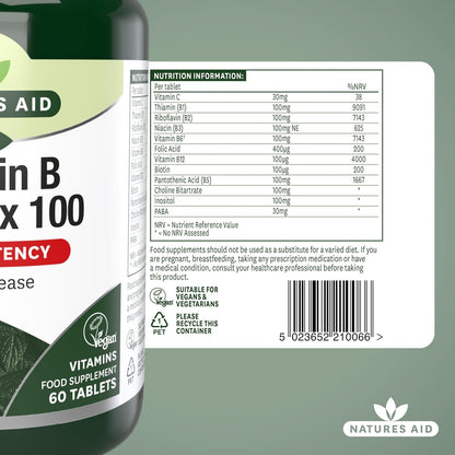 Vitamin B Complex 100 Mega Potency Time Release 60 Tablets - Natures Aid - Vitamins & Supplements - Eco Natural Products
