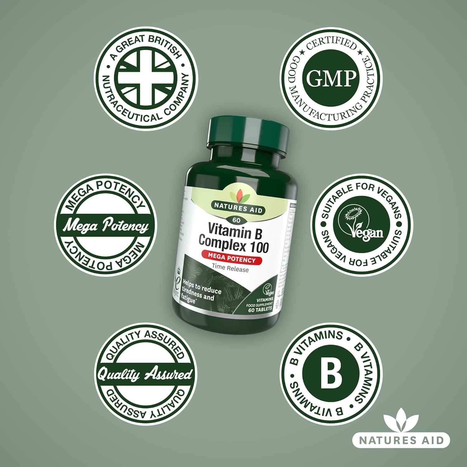 Vitamin B Complex 100 Mega Potency Time Release 60 Tablets - Natures Aid - Vitamins & Supplements - Eco Natural Products