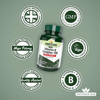 Vitamin B Complex 100 Mega Potency Time Release 60 Tablets - Natures Aid - Vitamins & Supplements - Eco Natural Products